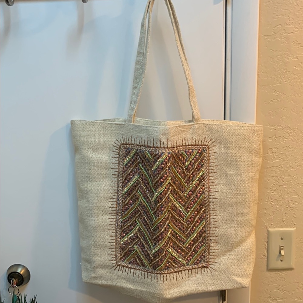 Cream and Brown Tote Bag with Chevron Design